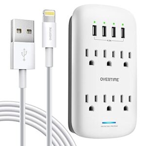 usb wall charger with apple mfi certified 4ft lightning cable, surge protector outlet socket extender shelf 6 outlet 4 usb ports charging station for iphone, ipad, home, school, office, etl certified
