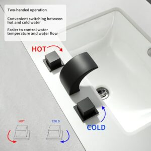 Bathroom Faucet 3 Hole Waterfall Widespread 2 Handle Vanity Sink Faucet with LED Color Changing, SKOWLL Matte Black