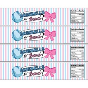 21 baseballs or bows waterproof self-adhesive water bottle labels for gender reveal - pink and blue