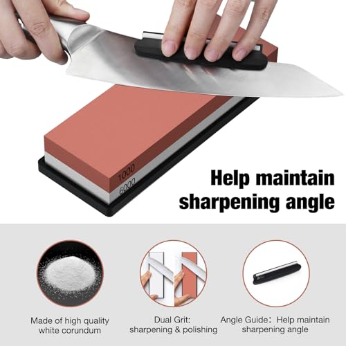 DDF iohEF Sharpening Stone, Whetstone grit 1000/6000, Professional 2-in-1 Double-Sided Knife Sharpener with Non-Slip Silicone Base and Angle Guide (red)