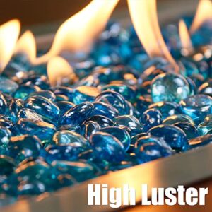 Hisencn Caribbean Blue Fire Glass Rocks for Fire Pit, 1/2 Inch Fire Glass Beads for Propane Gas Fireplace or Natural, Outdoor and Indoor Azure Blue Reflective Decorative Firepit Glass, 10 Pounds