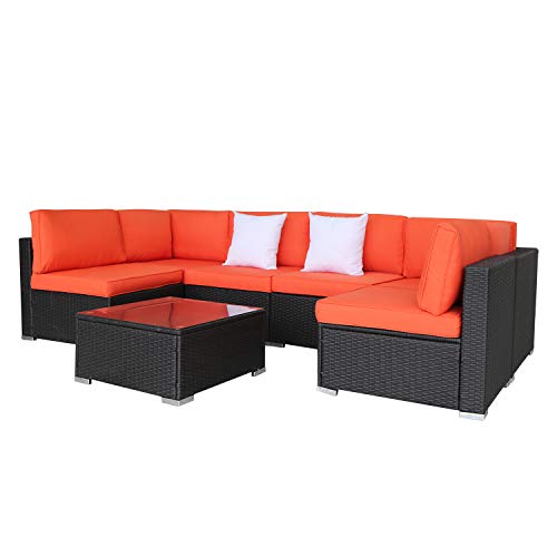 Excited Work 7Pcs Outdoor Patio Wicker Sofa, Garden Sectional Rattan Furniture Set with Coffee Table,Washable Couch Cushions and 2 Pillows