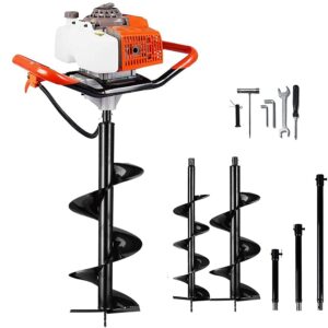 dc house 63cc 3.4hp 2 stroke gas powered auger post hole digger with 2 earth auger drill bits 6" & 10" + 3 extension rods for farm garden digging/drilling/planting (subcontract delivery)