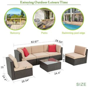 Vongrasig 6 Piece Small Patio Furniture Sets, All Weather PE Wicker Rattan Outdoor Sectional Sofa Conversation Couch with Glass Table, Cushions and Red Pillows, for Lawn, Garden, Backyard (Beige)