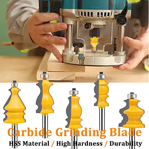 TAIWAIN Router Bit Set 1/4 Inch Shank 5PCS Architectural Picture Frame Molding Bits, Wood Milling Cutter Router, Woodworking Miter Carbide CNC Cutting Tool for Doors, Tables(F-line)