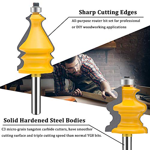 TAIWAIN Router Bit Set 1/4 Inch Shank 5PCS Architectural Picture Frame Molding Bits, Wood Milling Cutter Router, Woodworking Miter Carbide CNC Cutting Tool for Doors, Tables(F-line)