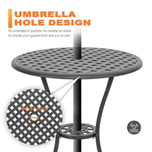 NUU GARDEN Patio Bistro Sets 3 Piece Cast Aluminum Bistro Table and Chairs Set with Umbrella Hole Bistro Set of 2 for Patio Backyard, Black