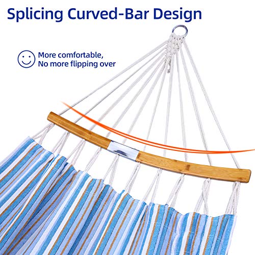 Double Hammock with Tree Straps Kit, Ohuhu Folding Curved-Bar Bamboo Hammock with Carrying Bag, Portable 2-Person Hammocks Swing for Patio Backyard Porch Camping Travel Indoor Outdoor Use