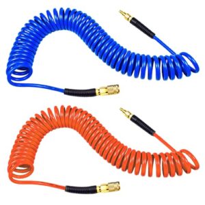 yotoo polyurethane recoil air hose 1/4" inner diameter by 25' long with bend restrictor, 1/4" industrial quick coupler and plug, red+blue. 2-pack