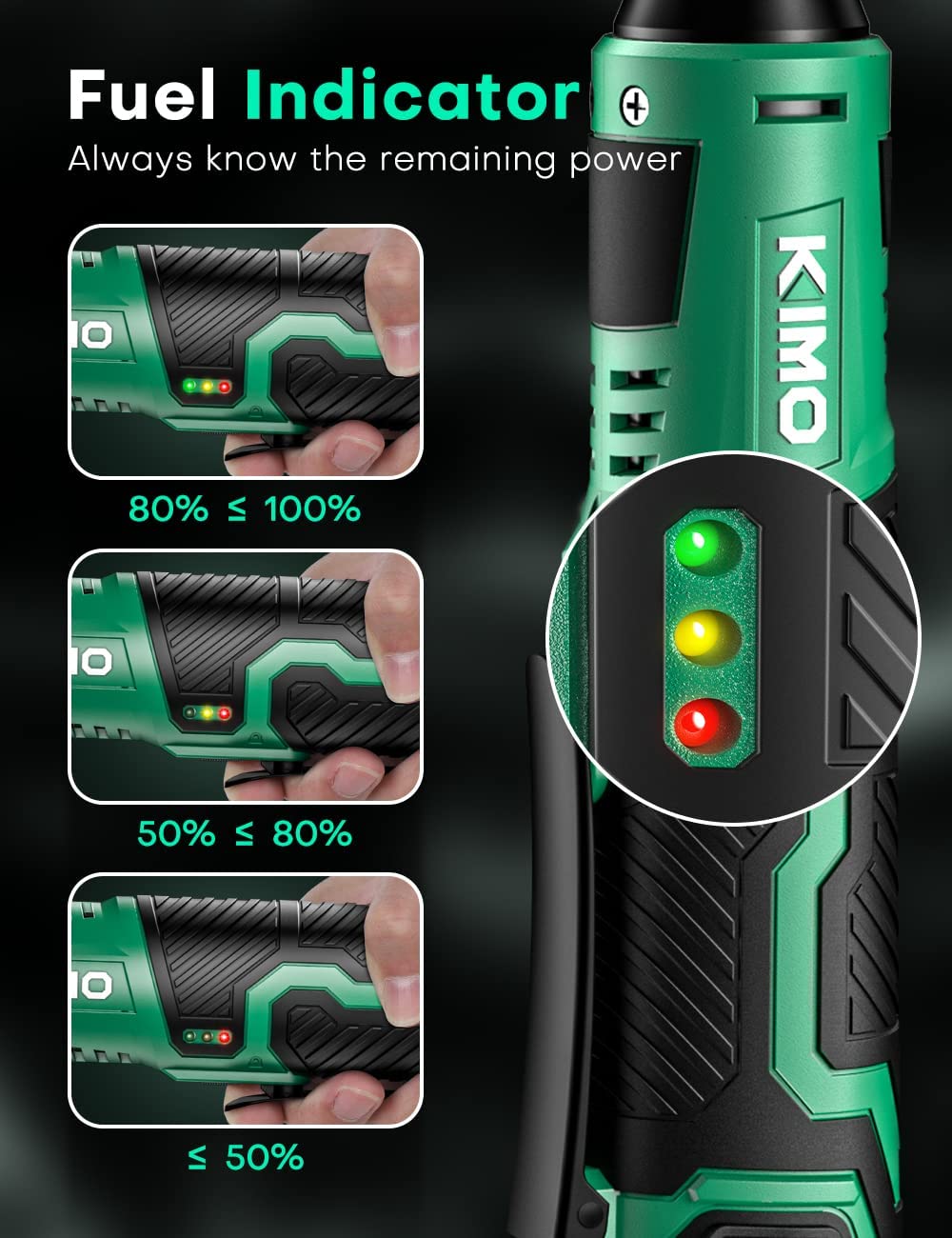 KIMO 3/8" Extended Electric Ratchet Wrench Set, 40 Ft-Lbs 400 Rpm 12V Cordless Wrench w/ 2-Pack 2.0 Ah Batteries, 1 Hour Fast Charger & 8 Sockets, Power Ratchet w/Variable Speed & LED Light