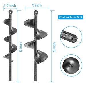 Codirom Auger Drill Bit for Planting 1.6 x 9" & 3 x 9" Garden Auger Spiral Drill Bit Garden Plant Auger Hole Digger for 3/8” Hex Driver Drill 2-in-1 Set