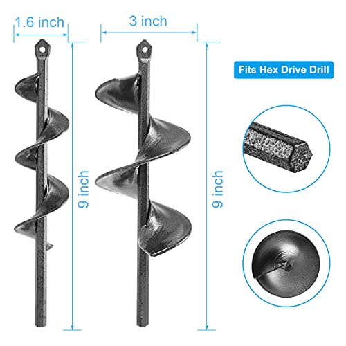 Codirom Auger Drill Bit for Planting 1.6 x 9" & 3 x 9" Garden Auger Spiral Drill Bit Garden Plant Auger Hole Digger for 3/8” Hex Driver Drill 2-in-1 Set