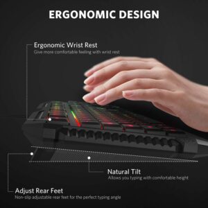 Fiodio Rainbow Wired Gaming Computer Keyboard and Mouse Combo, Ergonomic Keyboards with Wrist Rest, 104 Multimedia Keys, 1600 DPI Gamer Mouse for Windows PC and Desktop