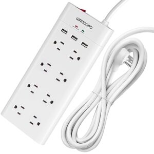 wandofo 12 ft surge protector power strip, 8 outlet 1050j 12 foot long extension cord, 15a/1800w, 15a breaker, 5v 3.1a smart usb port, low profile flat plug, wall mountable, white