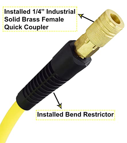 YOTOO Hybrid Air Hose 3/8-Inch by 25-Feet 300 PSI Heavy Duty, Lightweight, Kink Resistant, All-Weather Flexibility with 1/4-Inch Brass Male Fittings, Bend Restrictors. Yellow