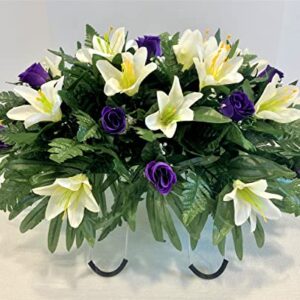 Spring or Easter Cemetery Flowers for Headstone and Grave Decoration-Purple Rose and Lily Mix Saddle