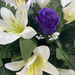 Spring or Easter Cemetery Flowers for Headstone and Grave Decoration-Purple Rose and Lily Mix Saddle