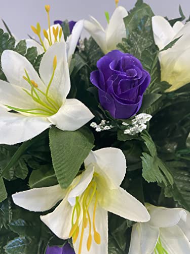 Spring or Easter Cemetery Flowers for Headstone and Grave Decoration-Purple Rose and Lily Mix Saddle