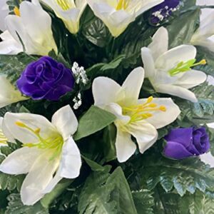 Spring or Easter Cemetery Flowers for Headstone and Grave Decoration-Purple Rose and Lily Mix Saddle