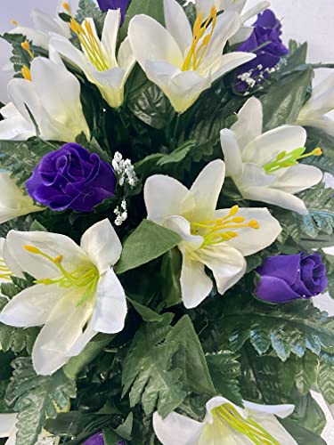 Spring or Easter Cemetery Flowers for Headstone and Grave Decoration-Purple Rose and Lily Mix Saddle