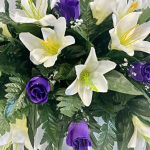 Spring or Easter Cemetery Flowers for Headstone and Grave Decoration-Purple Rose and Lily Mix Saddle