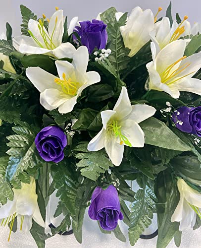 Spring or Easter Cemetery Flowers for Headstone and Grave Decoration-Purple Rose and Lily Mix Saddle