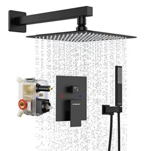 black shower system sets faucet: embather 10 inch overhead rainhead shower combo set with handheld and valve-luxury rain mixer rainfall black shower faucets sets complete
