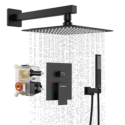 Black Shower System Sets Faucet: EMBATHER 10 Inch Overhead Rainhead Shower Combo Set with Handheld and Valve-Luxury Rain Mixer Rainfall Black Shower Faucets Sets Complete