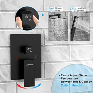 Black Shower System Sets Faucet: EMBATHER 10 Inch Overhead Rainhead Shower Combo Set with Handheld and Valve-Luxury Rain Mixer Rainfall Black Shower Faucets Sets Complete