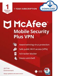 [old version] mcafee mobile security plus vpn 2021, 1 phone or tablet, antivirus software, internet security, 1 year - download code