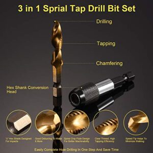 THINKWORK Combination Drill Tap & Tap Bit Set, 3-in-1 Titanium Coated Screw Tapping Bit Tool for Drilling, Tapping, Countersinking, with Quick-Change Adapter, 13 PCS SAE/Metric