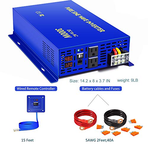 XYZ INVT 3000W Pure Sine Wave Inverter Power Inverter 48V DC to AC 120V 110V with 15ft Remote, Surge 6000w, 48 Volt Power Inverter for Off Grid Solar Power System. (3000W48V Remote)