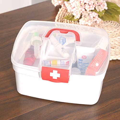 Medicine Box Transparent First Aid Box,Family Emergency Kit Medication Storage Organizer with Handle Portable Medicine Cabinet Storage Pill Case Durable Plastic Household Organizer Box Bins (Red)