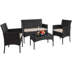 outdoor 4 pieces rattan chair sofa conversation set patio wicker set with table backyard lawn porch garden poolside balcony furniture (black)