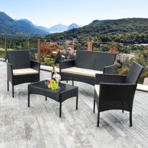 Outdoor 4 Pieces Rattan Chair Sofa Conversation Set Patio Wicker Set with Table Backyard Lawn Porch Garden Poolside Balcony Furniture (Black)