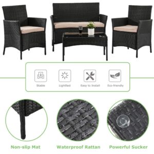 Outdoor 4 Pieces Rattan Chair Sofa Conversation Set Patio Wicker Set with Table Backyard Lawn Porch Garden Poolside Balcony Furniture (Black)