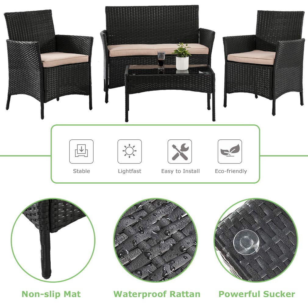 Outdoor 4 Pieces Rattan Chair Sofa Conversation Set Patio Wicker Set with Table Backyard Lawn Porch Garden Poolside Balcony Furniture (Black)