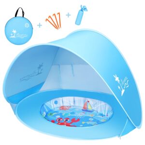 baby beach tent with pool, upf50+ pop up shade tent for infant, baby beach sun shade pool with uv protection, blue