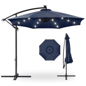 best choice products 10ft solar led offset hanging market patio umbrella for backyard, poolside, lawn and garden w/easy tilt adjustment, polyester shade, 8 ribs - navy blue