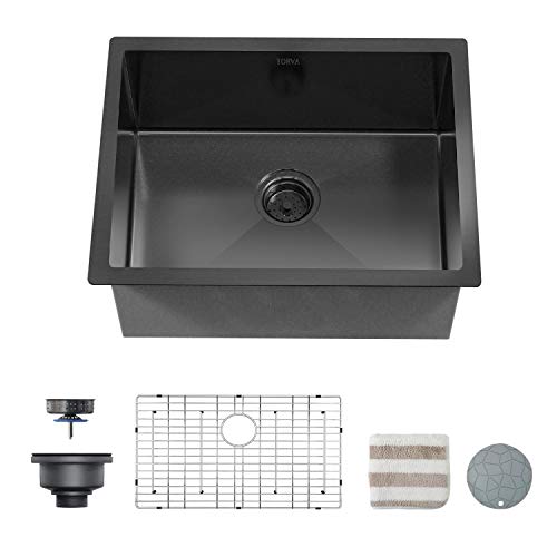 TORVA 25 x 18 Inch Gloss Black Ceramic Coating with NanoTek Undermount Kitchen Sink, PVD Coated Gunmetal Sink,16 Gauge Stainless Steel Wet Bar or Prep Sinks Single Bowl, Dark Gray