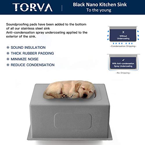 TORVA 25 x 18 Inch Gloss Black Ceramic Coating with NanoTek Undermount Kitchen Sink, PVD Coated Gunmetal Sink,16 Gauge Stainless Steel Wet Bar or Prep Sinks Single Bowl, Dark Gray