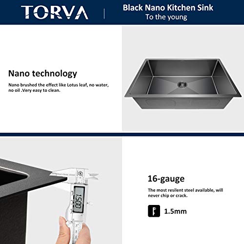 TORVA 25 x 18 Inch Gloss Black Ceramic Coating with NanoTek Undermount Kitchen Sink, PVD Coated Gunmetal Sink,16 Gauge Stainless Steel Wet Bar or Prep Sinks Single Bowl, Dark Gray