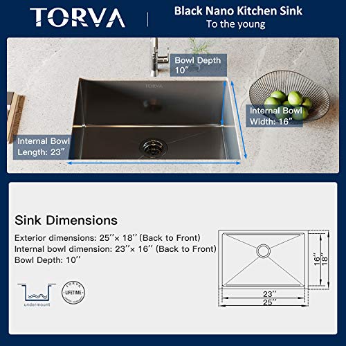 TORVA 25 x 18 Inch Gloss Black Ceramic Coating with NanoTek Undermount Kitchen Sink, PVD Coated Gunmetal Sink,16 Gauge Stainless Steel Wet Bar or Prep Sinks Single Bowl, Dark Gray