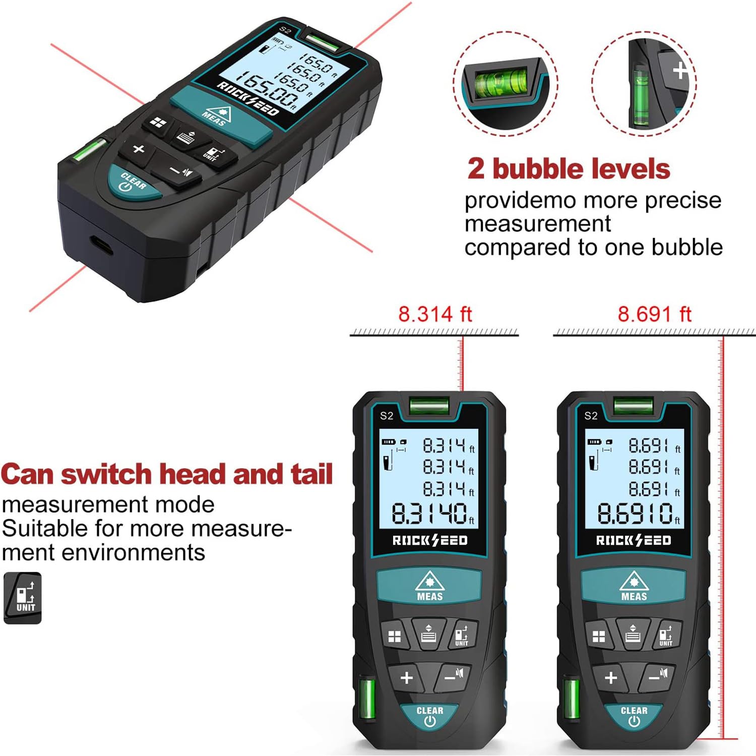 Laser Measure, RockSeed 165 Feet Digital Laser Distance Meter with 2 Bubble Levels,M/in/Ft Unit Switching Backlit LCD and Pythagorean Mode, Measure Distance, Area and Volume (165 Feet)