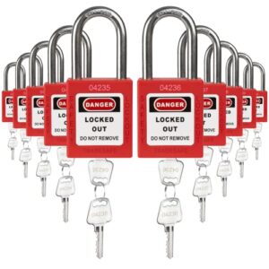 tradesafe lockout tagout locks set - 10 red loto locks, lockout locks keyed different, 2 keys per lock, osha compliant lock out tag out padlocks, safety padlocks for electrical lockout tag out kits