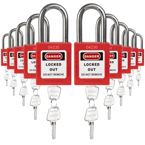 TRADESAFE Lockout Tagout Locks Set - 10 Red Loto Locks, Lockout Locks Keyed Different, 2 Keys Per Lock, OSHA Compliant Lock Out Tag Out Padlocks, Safety Padlocks for Electrical Lockout Tag Out Kits