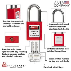 TRADESAFE Lockout Tagout Locks Set - 10 Red Loto Locks, Lockout Locks Keyed Different, 2 Keys Per Lock, OSHA Compliant Lock Out Tag Out Padlocks, Safety Padlocks for Electrical Lockout Tag Out Kits