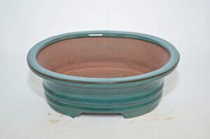 bonsai ceramic pot 8" teal color, oval shape, glazed with draining holes.