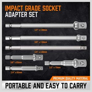 6-Piece Impact Square Drive Socket Adapter Set, 1/4" 3/8" 1/2" Impact Driver Socket Adapter, 1/4 Shank Impact Adapter Set