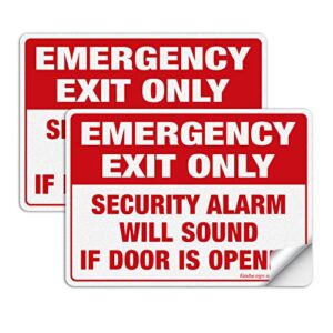 emergency exit only sticker, emergency exit only - security alarm will sound if door is opened label, 2 pack, 10 x 7 inch self-adhesive vinyl decal stickers, reflective, uv protected, waterproof